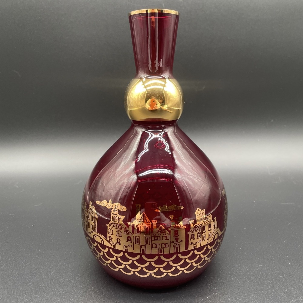Murano Attributed Ruby Art Glass Decanter Gold Trim And Venice Cityscape 8.5"